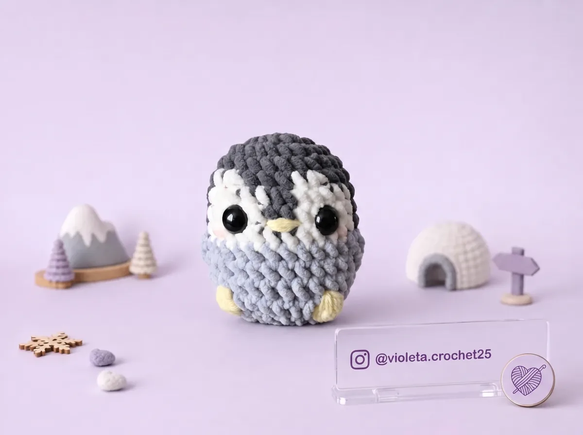 Pingüino Pomponcito tejido a mano por Violeta Crochet