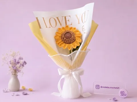 Ramo de un girasol deluxe tejido a mano por Violeta Crochet