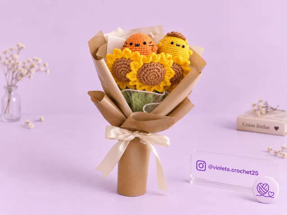 Bouquet Gatitos & Girasoles tejido a mano por Violeta Crochet