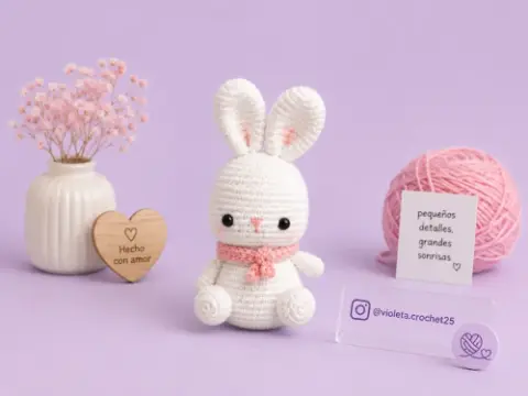 Llavero de conejita Rosé tejido a mano por Violeta Crochet