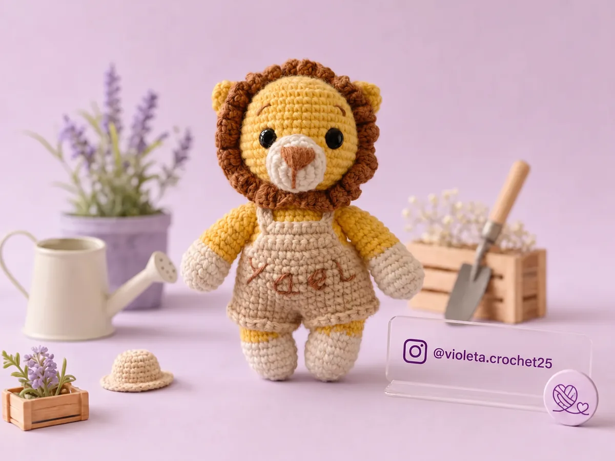 Leoncito Jardinero tejido a mano por Violeta Crochet