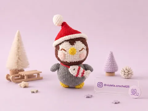 Pingüino navideño tejido a mano por Violeta Crochet