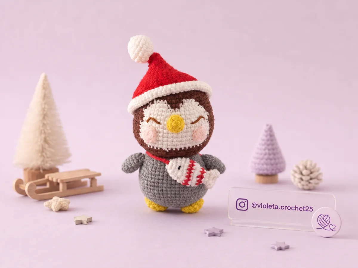 Pingüino Navideño tejido a mano por Violeta Crochet